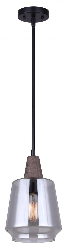 Dante 60-Watt 1 Light Matte Black and Faux Wood Unique and Elegant Pendant with Clear Glass Shade