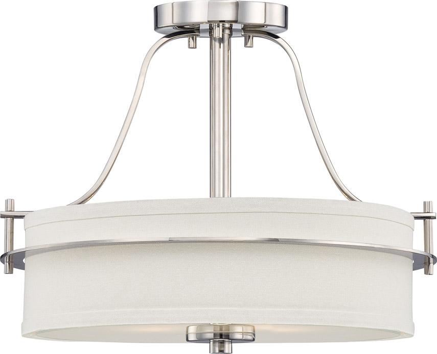 Loren - 2 Light Semi Flush with White Linen Shade - Polished Nickel Finish